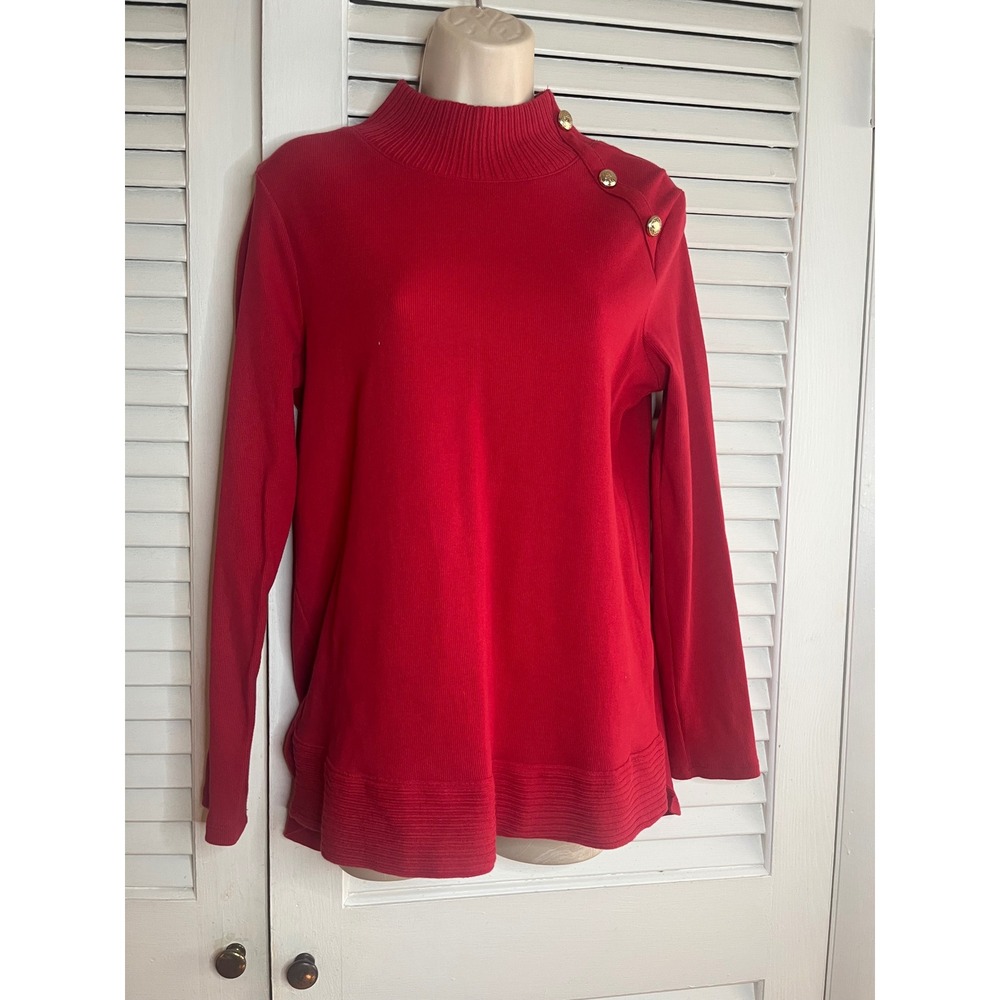 Rafaella Red Mock Neck Button Shoulder Long Sleeve Casual Knit Top Womens Size L